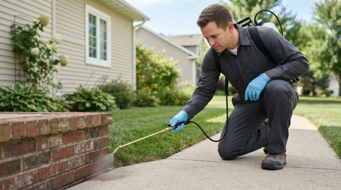 Pest control technician treating a home near Hannah, ND