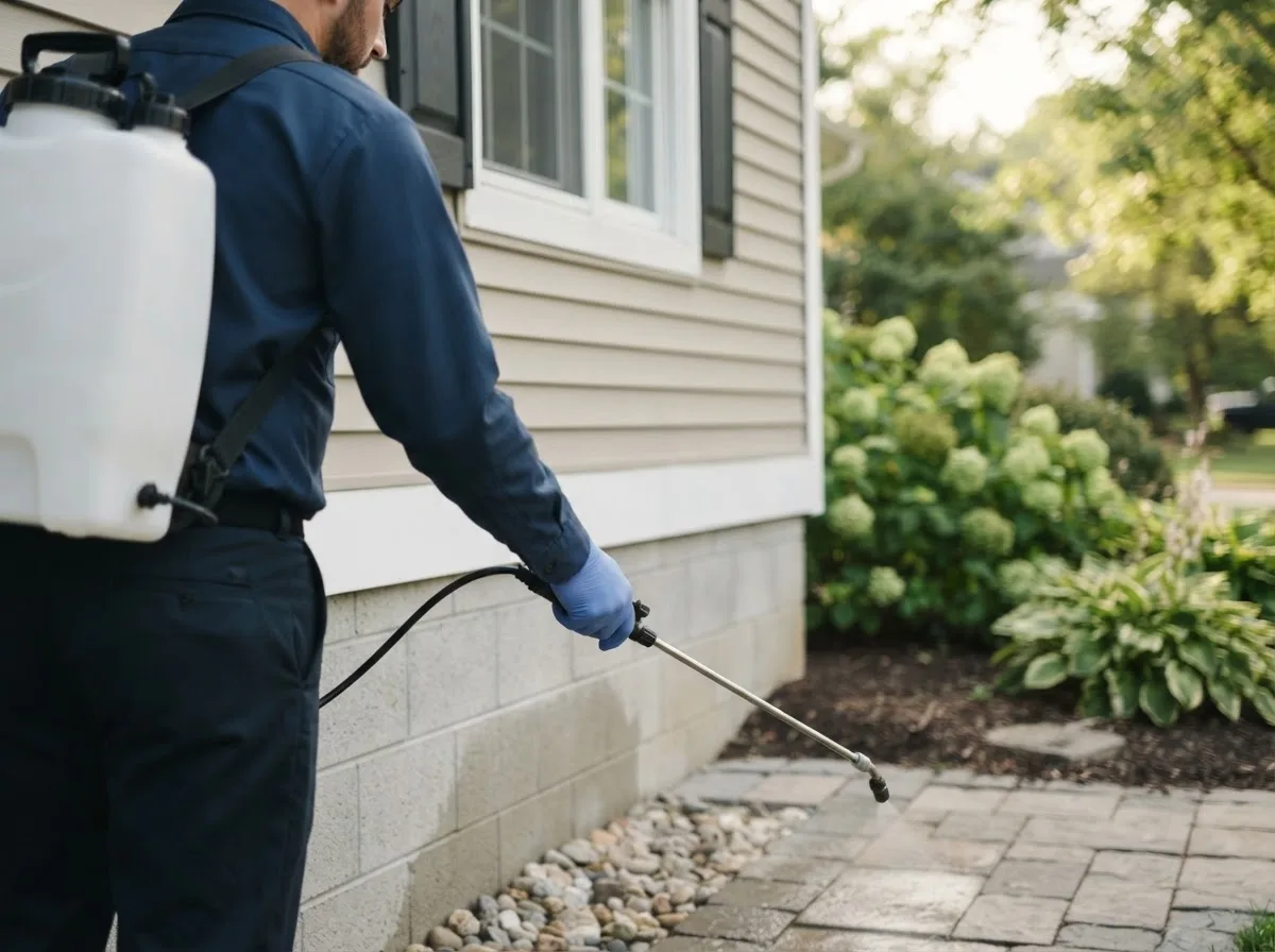 Pest control technician inspecting a home in Hannah, ND